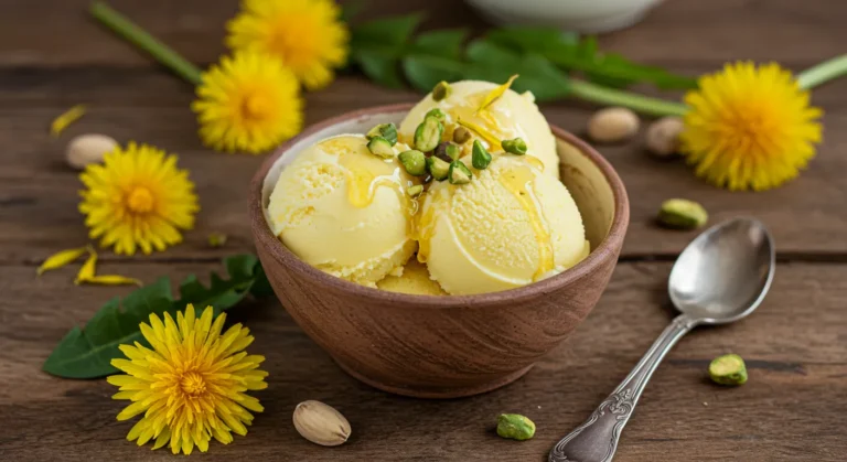 Dandelion Ice Cream: A bowl of homemade dandelion and honey ice cream topped with a drizzle of honey, chopped nuts, and fresh dandelion petals. Served on a rustic wooden table with soft natural lighting.